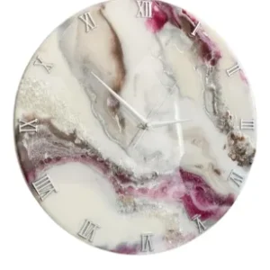 “Crystal Shoreline Geode Resin Wall Clock – Blue Beige Gold Handmade Resin Clock by RangDe Arts”